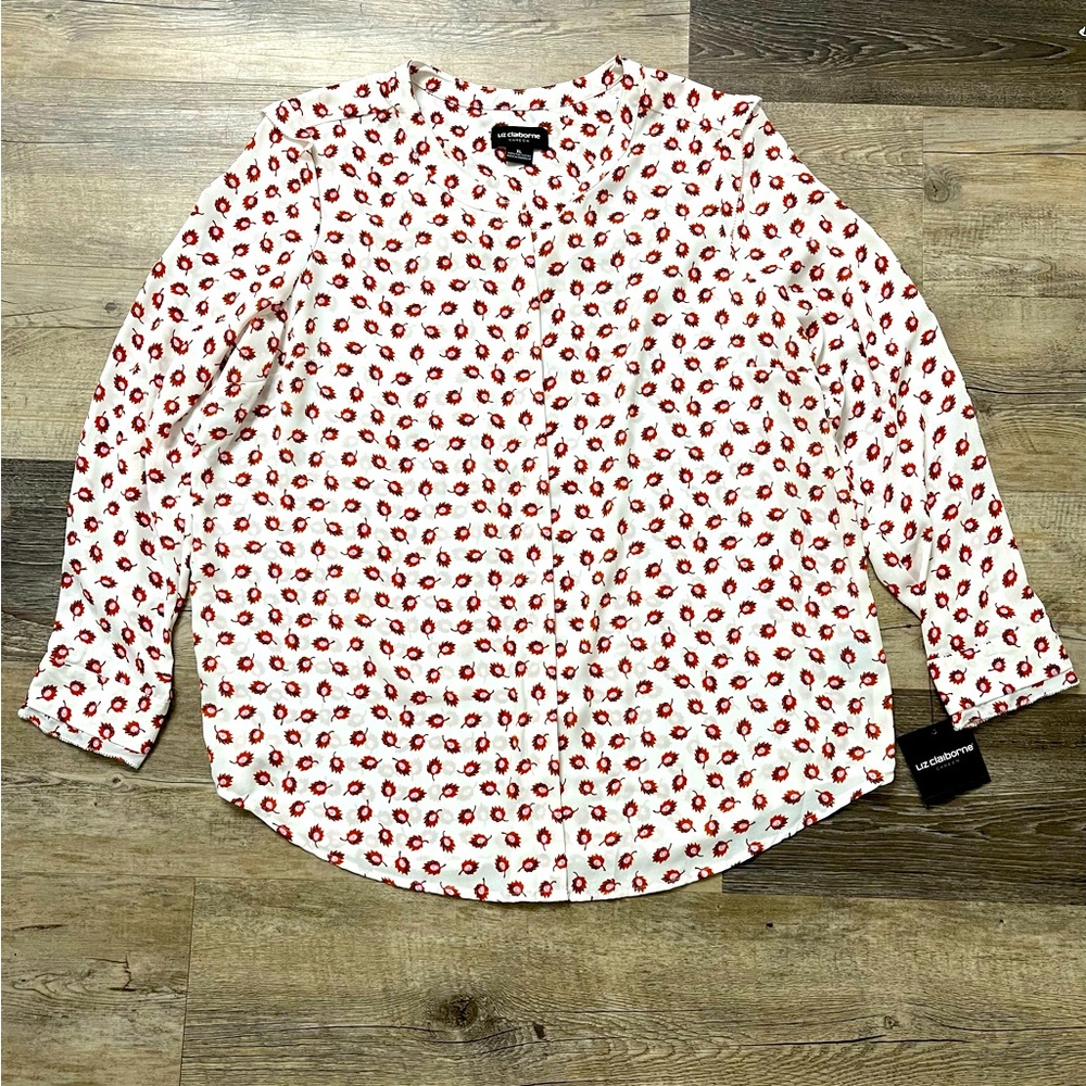 MIDNIGHT CARAVAN Liz Claiborne Career Women’s long sleeve blouse  XL Crema Leaf